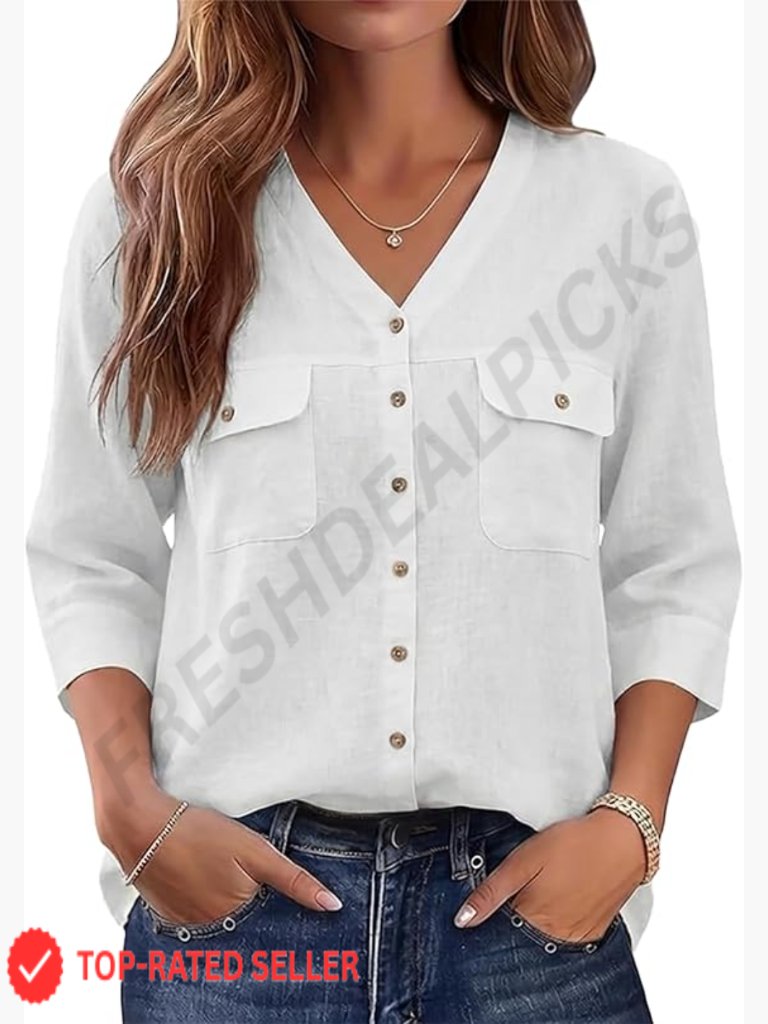 Button Down Shirt 3/4 Sleeve V Neck Blouse Lightweight Office Tops With Pockets